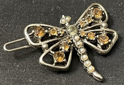 VTG GERARD YOSCA DRAGONFLY HAIR BARRETTE Vintage Marked Gerard Yosca Brass Tone W Rhinestone Faux  main image 4