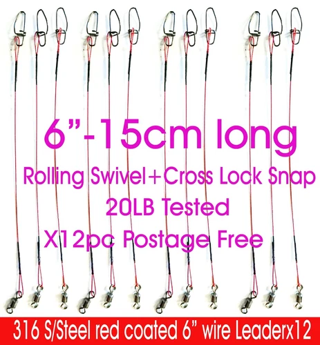 WIRE TRACE LEADER 316 Stainless Steel Red Nylon Coated, 15cm x 12, 20lb tested