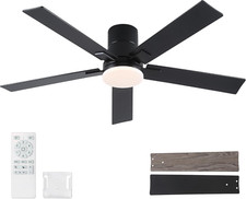 52" Black Ceiling Fan with Remote, 5 Blades, 6-Speed DC Motor, Dimmable LED