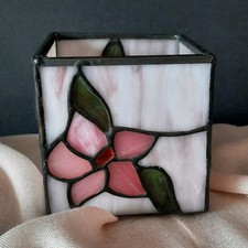 Stained Glass Decorative Box - Floral Pattern, Square, Pink Green Blue, Handmade