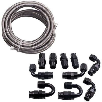 20FT AN6 Nylon Stainless Steel Braided Oil Fuel Line & 10x Fitting Adapter Kit