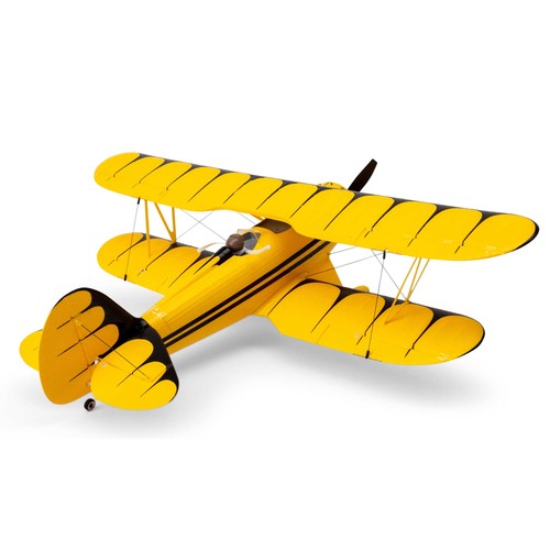 Yellow E-flite RC airplane with black trim, dual wing struts, and AS3X and SAFE EFLU53550Y branding on white box.