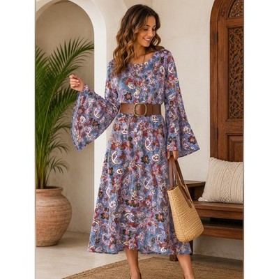 Lanidor Collection Boho Paisley Bell Sleeve Midi Dress XL 100% Viscose