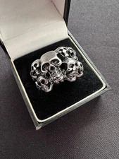 Striking Skull Cluster Cocktail Chunky Silver Tone Ring Adjustable Size S