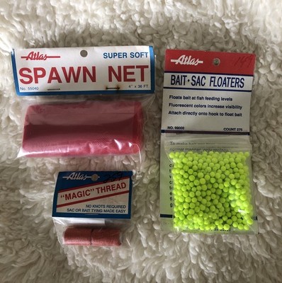 Vtg Atlas Bundle 1 Spawn Net 4X36, 2 Magic Thread & 1 Bag Bait Sac Floaters New