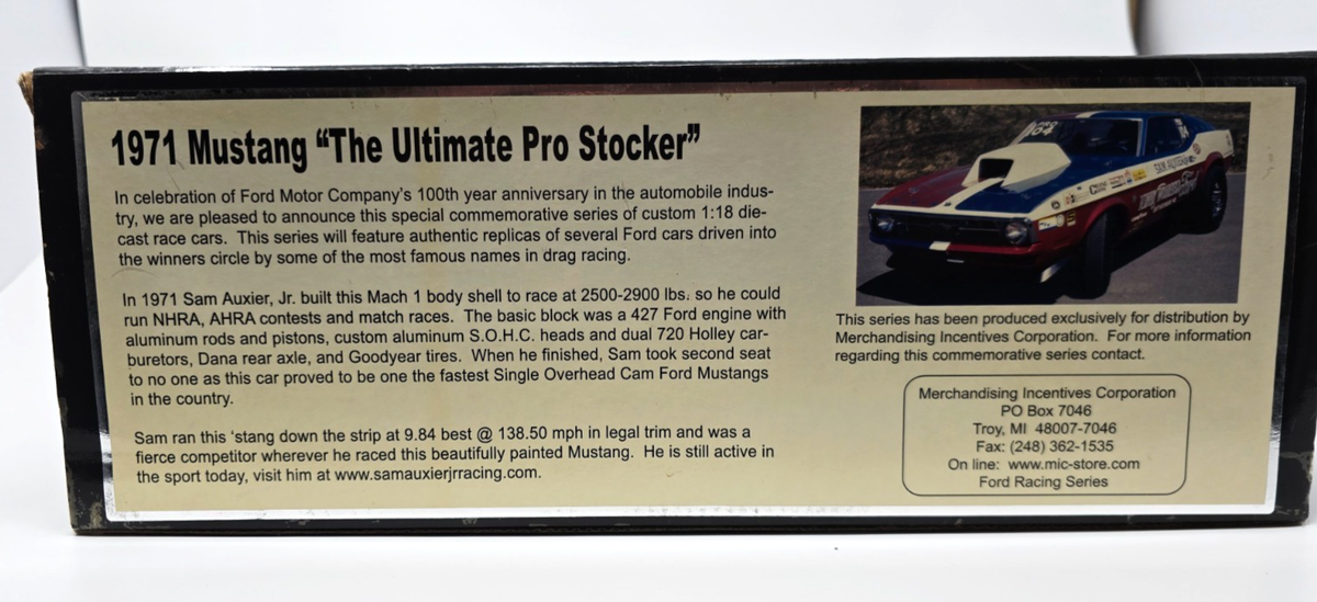 SAM AUXIER JR 1971 FORD MUSTANG ULTIMATE PRO STOCK AUTOGRAPH 1/18