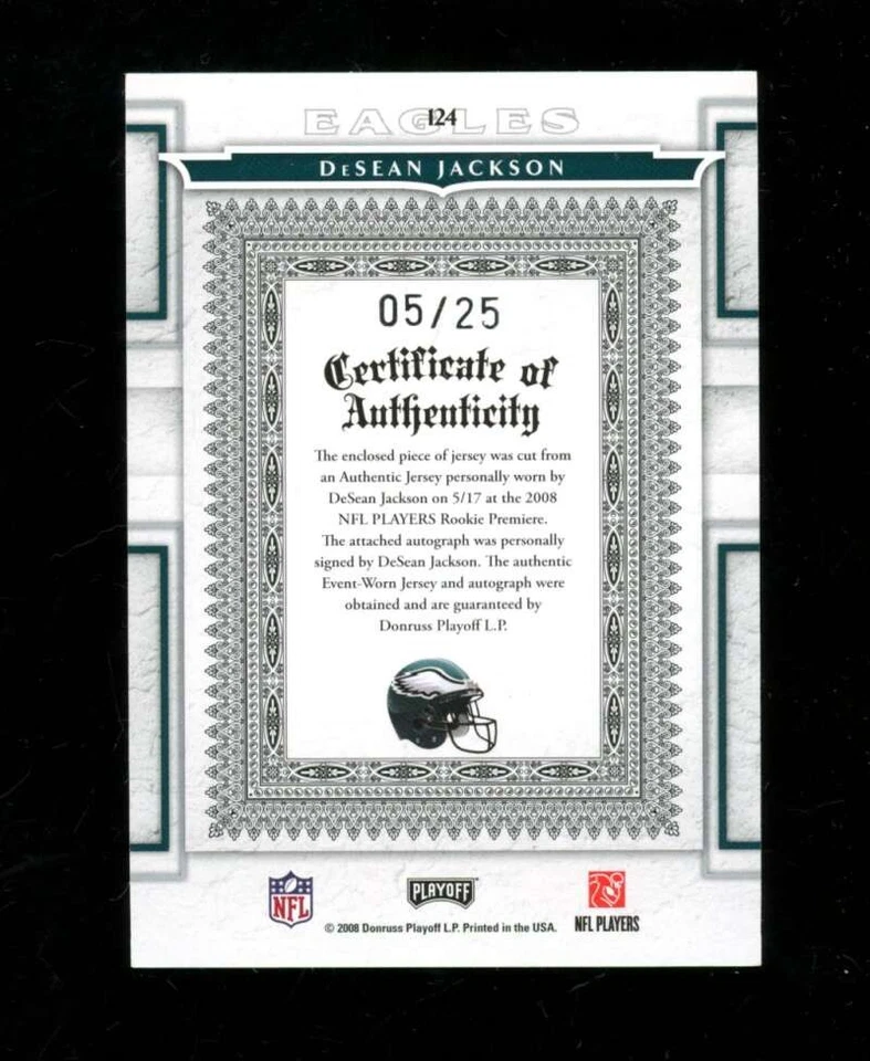 2008 Playoff National Treasures DeSean Jackson Rookie Patch Auto /25 #124 SE1162 - Image 2 of 2