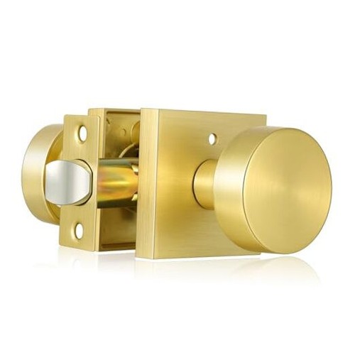 Privacy Gold Door Knob Interior, Satin Brass Door Knobs with Lock, Modern