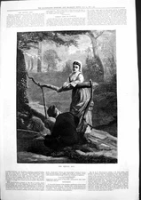 Antique Old Print Gentle Art Woman Watching Man Fishing Stream Forest 1877 19th