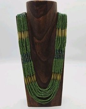Green Yellow Beaded long Necklace Gold tone Layered 18 Row Scalloped Vtg 32 in