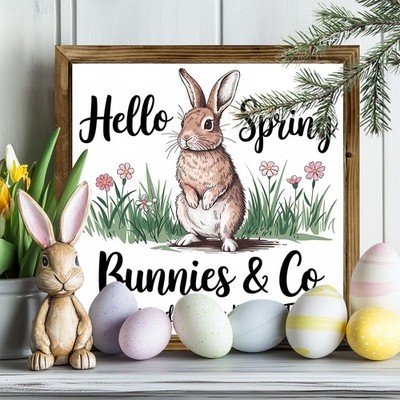 Hello Spring Bunnies & Co Wooden Plaque Rustic Easter Desktop Decoration Gift
