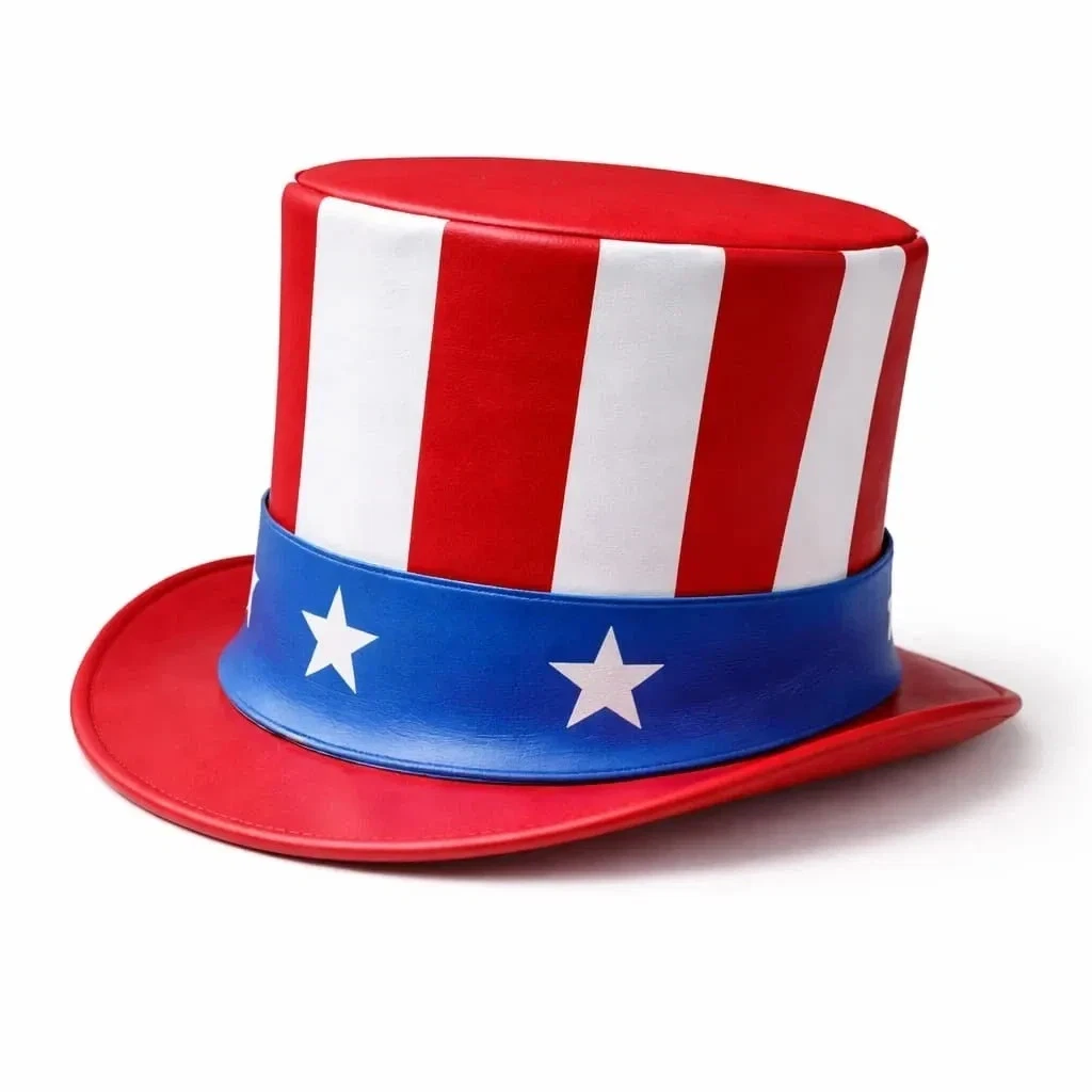 Handmade Leather Top Hat USA Flag Patriotic Uncle Sam Style Red White Blue Weste