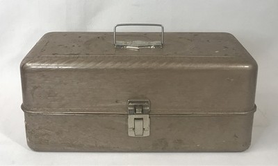 Vintage Tan Steel Metal Tackle Tool Box Ruler Lid   *NO TRAY