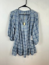 Max Studio BabyDoll Dress Blue Medium Cotton Rayon Plaid Ruffle V Neck 1912M61