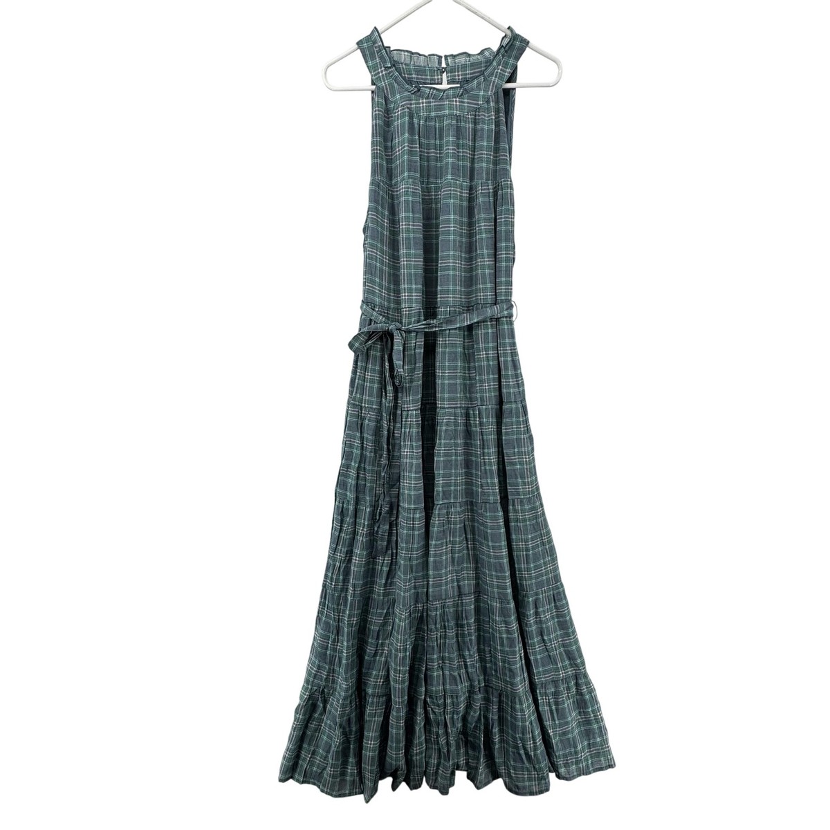 Torrid Maxi Dress Womens 2X Blue Green Plaid Sleeveless Belted Tiered  Pockets