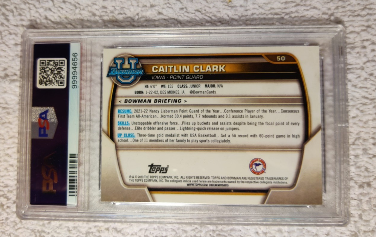 2022 Bowman University #50 Caitlin Clark  PSA NM-MT 8 view 2