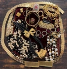 19 Piece Lot Vintage Costume Jewelry Gold Tone Pins, Necklaces, Bracelets, Belts
