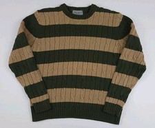 Vintage Eddie Bauer Cotton Striped Cable Knit Sweater Green Tan USA Small Fit 