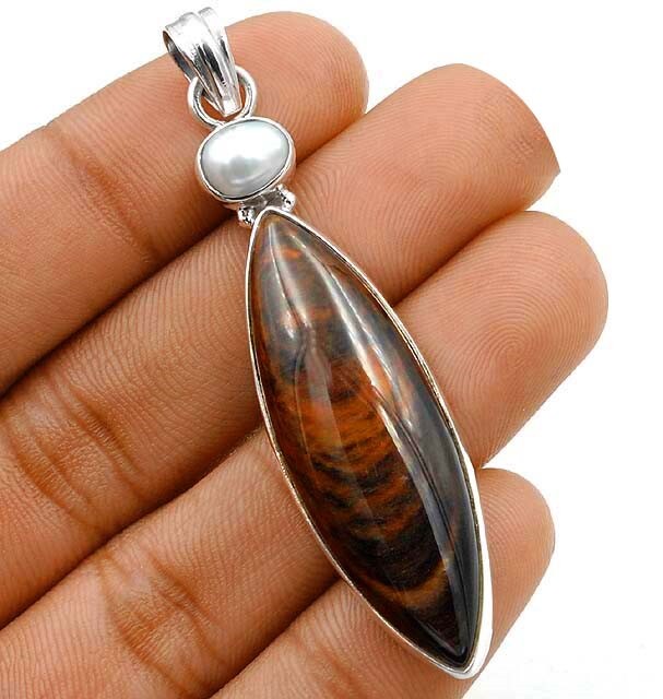 Tiger Eye & Pearl 925 Sterling Silver Pendant African Jewelry B17-6  