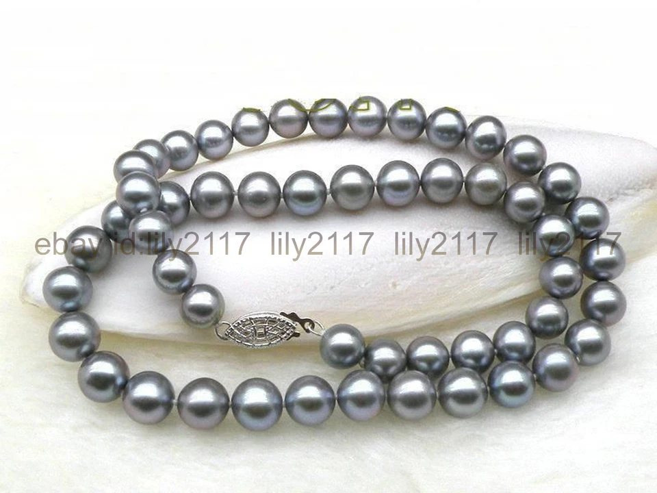 Genuino Natural 9-10mm AAA+ Redondo Gris Perla Collar Oro Blanco 14k Cierre 18" Foto 4 de 4