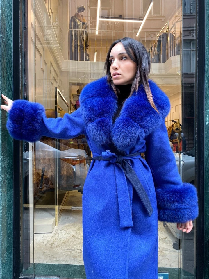 100% Alpaca Women's Winter Coat Real Fox Fur Long Overcoat Soft Stylish Blue - Image 2 of 4