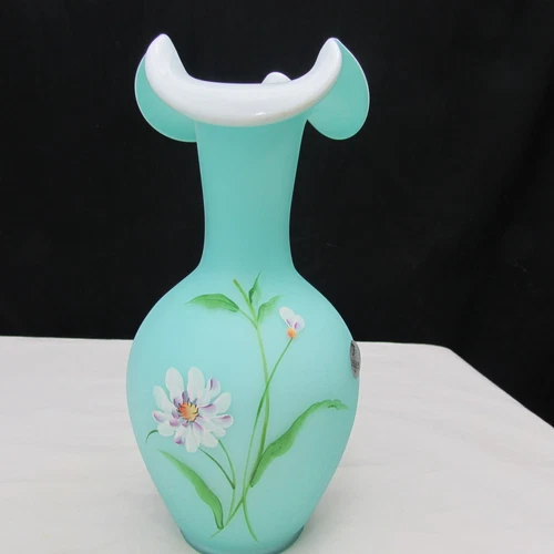 Fenton Robin's Egg Blue Overlay Floral Hand Painted Vase W495