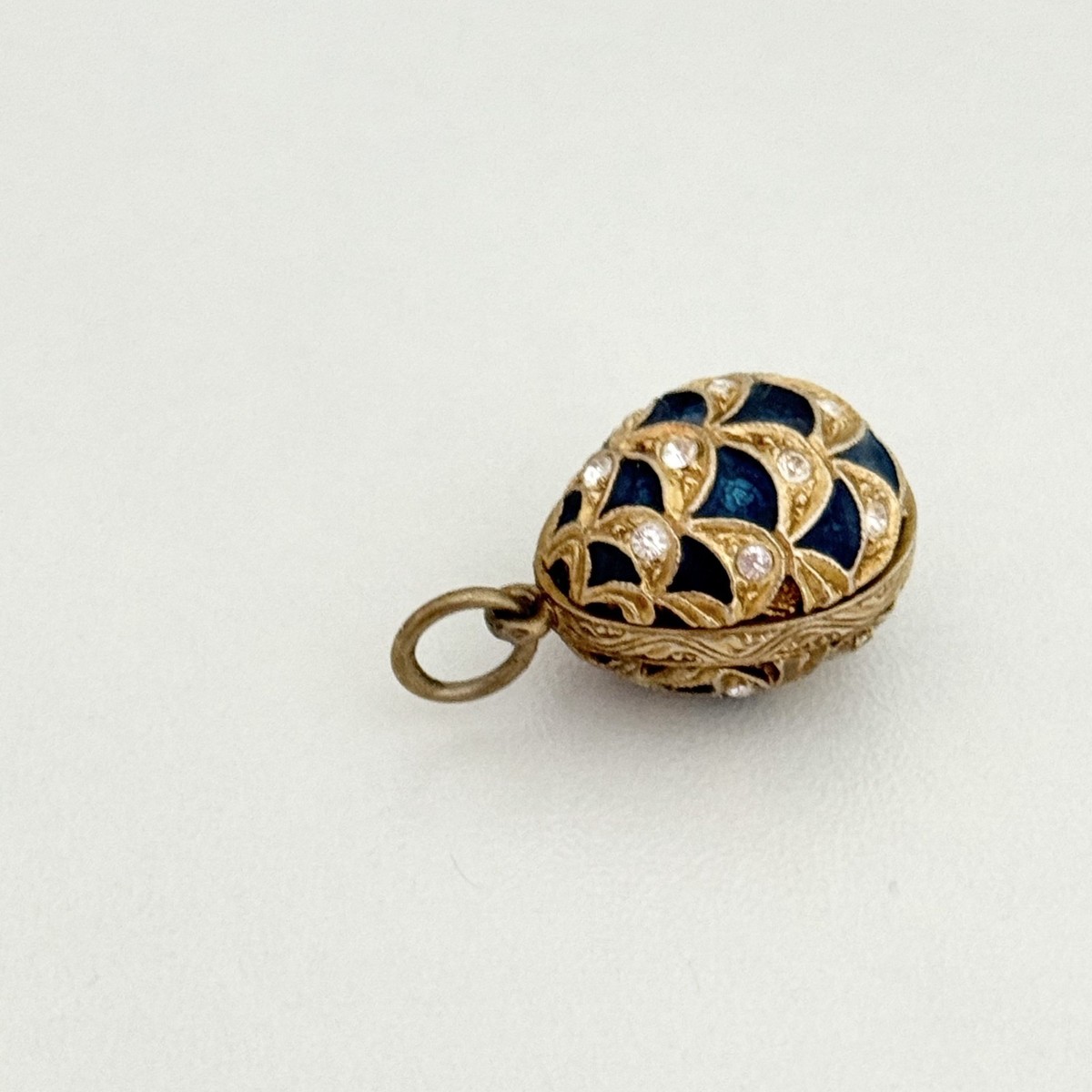 Vintage Blue Enamel 3D Egg Clear Crystal Gold Tone Pendant View 6