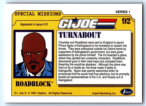 1991 Hasbro GI Joe Trading Card - Special Missions - Turnabout #92 - Picture 2 of 2