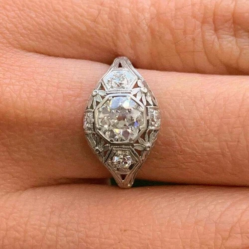 Vintage Art Deco Style Round 2 Ct Diamond Engagement Ring 14K White Gold Finish
