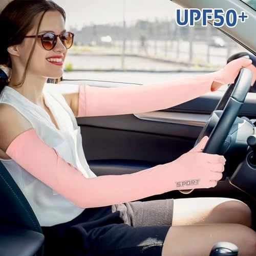 3 pares de guantes largos UV para el sol para mujer con pantalla táctil rosa para conducir, gris profundo, negro Foto 4 de 4