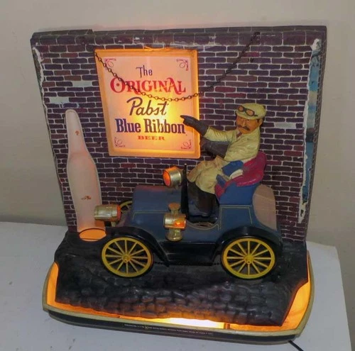 Vintage 1965 Pabst Blue Ribbon Beer Lighted Display Sign – Man in Car