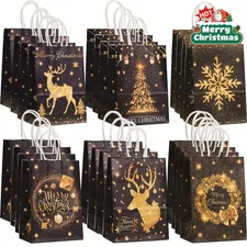 12/24pcs Black & Gold Christmas Gift Bags with Handles Santa Reindeer Snowflakes