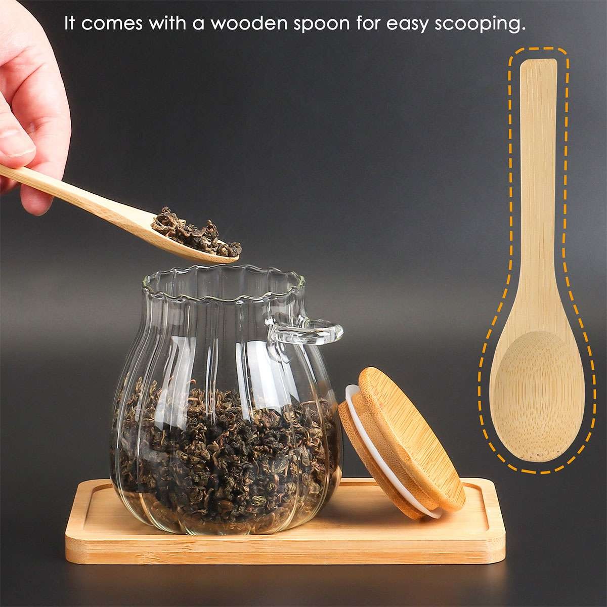Sugar Container with Bamboo Lid and Spoon,350ml Sugar Bowl Glass Jar for Coffee