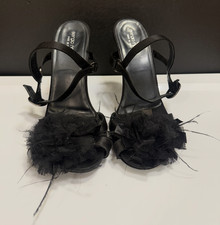 Sergio Rossi Black Feather Flower Peep Toe Leather Heels Sandals Size 40 Italy