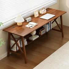 Extra Long Desk with Bookshelf - Wooden Home Office Work Study Table, 2-Perso...