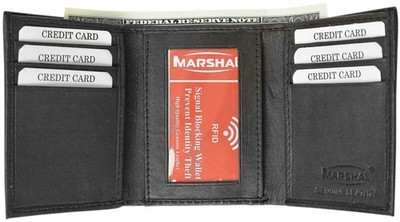Black Mens Trifold Genuine Leather RFID Blocking Wallet Black New with BOX