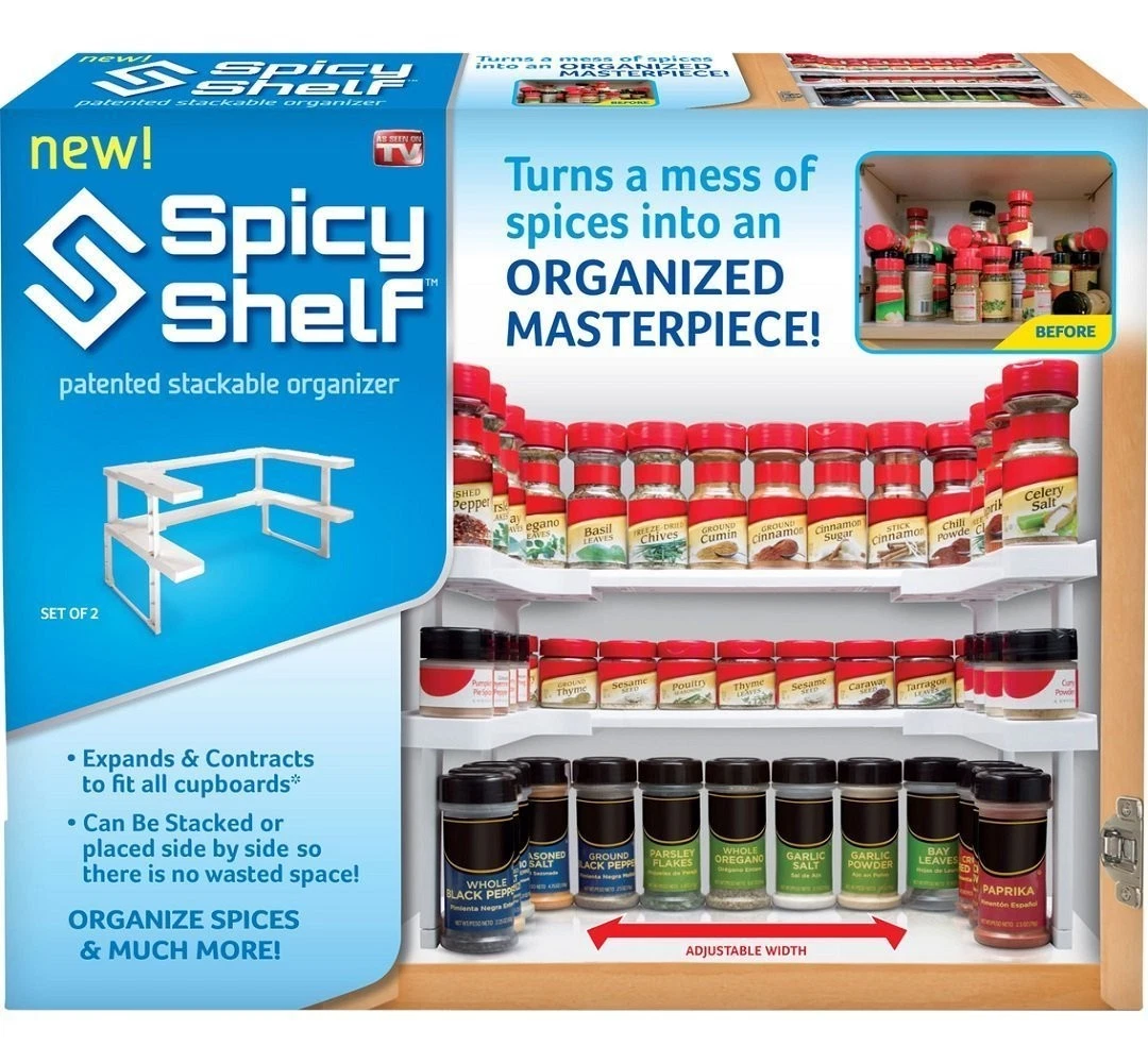 SPICY SHELF PATENTED SPICE RACK AND STACKABLE ORGANIZER , ADJUSTABLE - WHITE