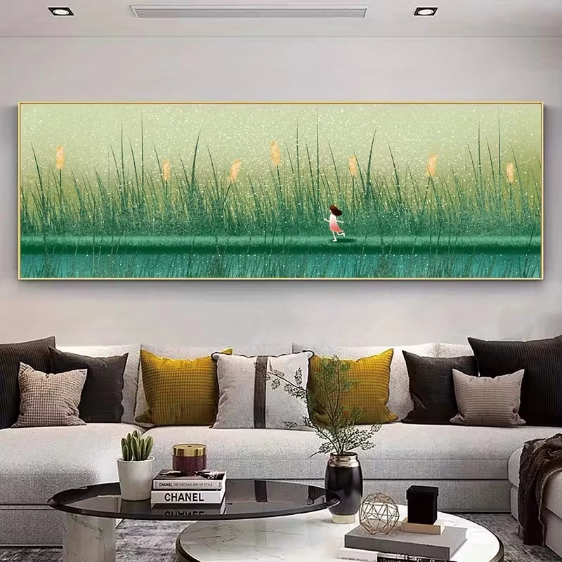 Panoramic Minimalist Green Grass & Sunset Landscape Canvas Wall Art Home Decor