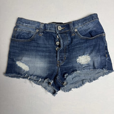 Express Jeans Blue Jean Denim Shortie Shorts Stretchy Faded Distressed Women s 4