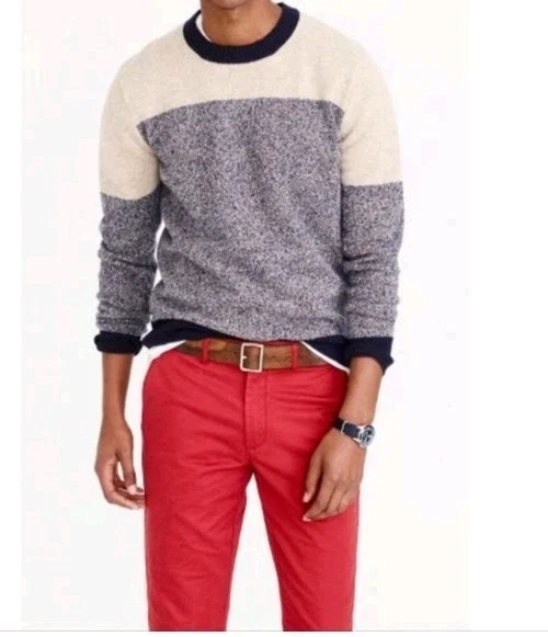 J. Crew Men's XL Sweater Lambs wool Pullover Colorblock Navy Cream NWT #R3