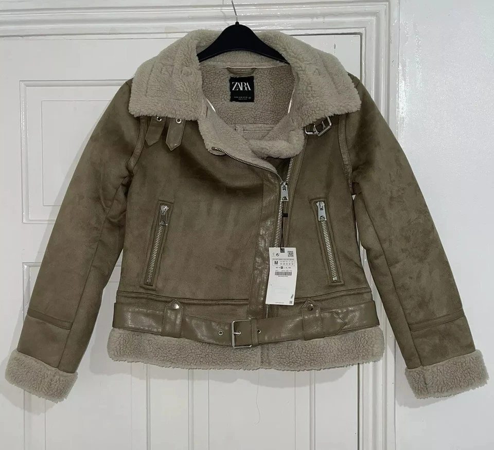 ZARA BEIGE FAUX SUEDE BIKER DOUBLE-FACED BIKER JACKET SIZE M BNWT - Image 3 of 4