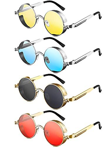 4 Pieces Retro Round Steampunk Sunglasses Vintage Hippie Style Circle Lens Metal