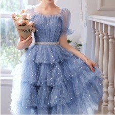 Lady Shiny Mesh Tiered Dress Stars Sequins Knee Length Princess Evening Gown