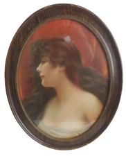 Asti Attributed Antique 24" Art Nouveau Woman Long Hair Oval Picture Victorian