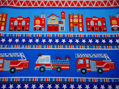 Childrens Fabric Half-Yard Fire Truck Fire Station Blue Stripe Premium Cotton C