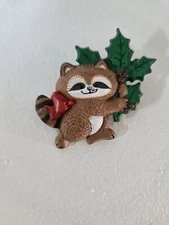 1986 Hallmark Christmas Raccoon Holly Vintage Brooch Pin Fashion Jewelry