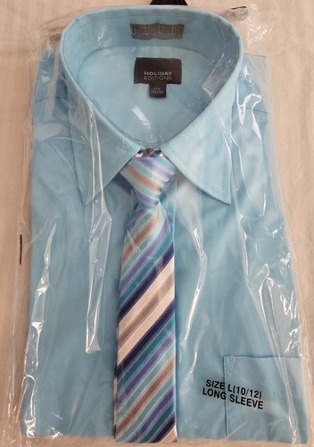 NEW Boy's Long Sleeve Light Blue Dress Shirt And Striped Tie Size L 10/12 Youth