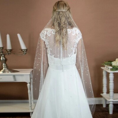 STUNNING LACE PEARL BEADED VEIL WITH COMB One Tier Cathedral Veil with Pearl Comb | David main image 4