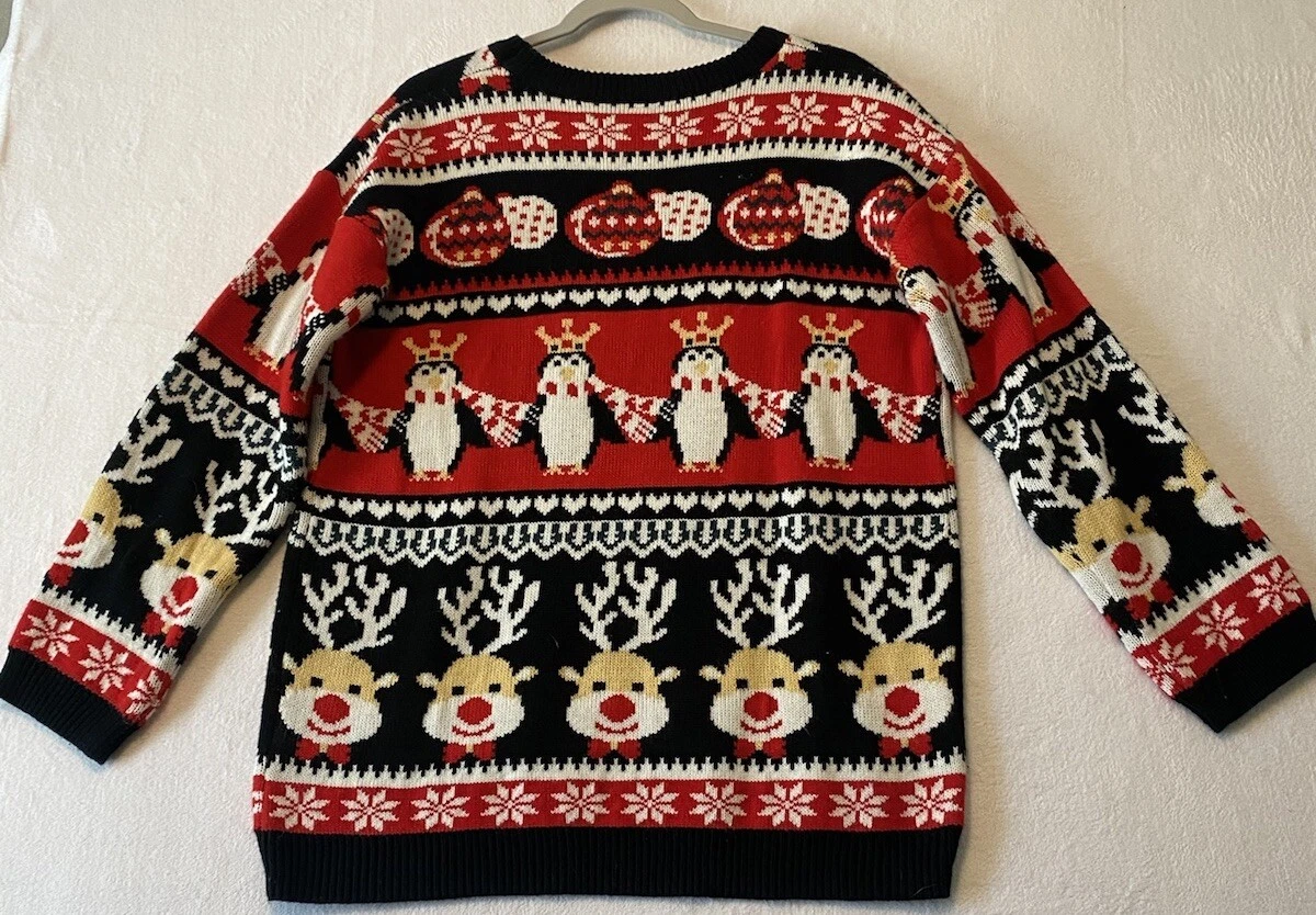 Men’s Ugly Christmas Sweater Reindeers Penguins Red Black White Festive Holiday