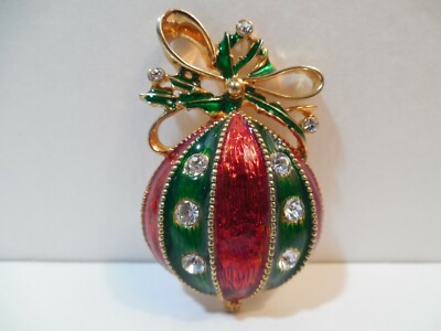 Vintage Eisenberg Ice Red Green Enamel Rhinestone Christmas Ornament  Brooch
